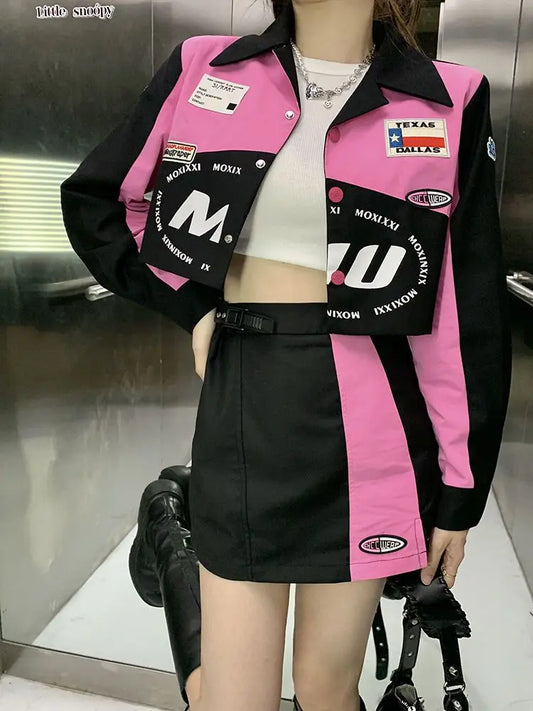 Y2K vintage sweet cool wind motorcycle suit women's short print baseball uniform + skirt skirt hip skirt sexy wear two-piece set Street King Limited