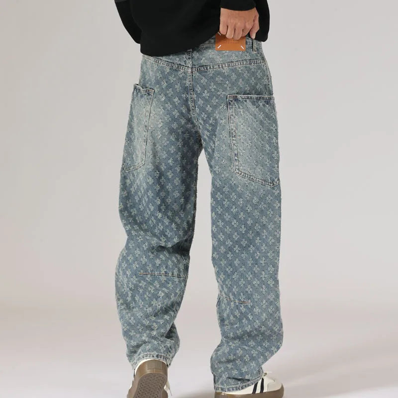 men brand fashion loose casual splice pocket jacquard vintage wide leg baggy jeans cityboy denim baggy jeans pants trousers denim street jeans