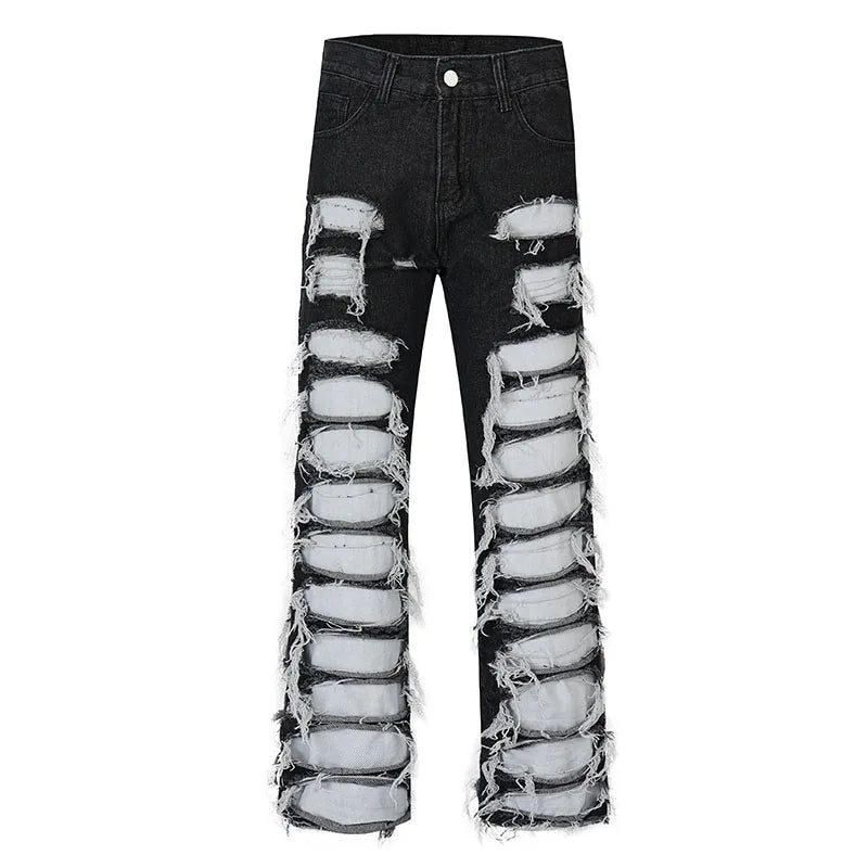 fashion destroyed ripped tassel holes denim jean pants mens casual loose straight baggy y2k jeans hip hop streetwear joggers unique joggers style 4481