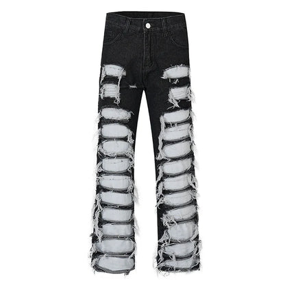 fashion destroyed ripped tassel holes denim jean pants mens casual loose straight baggy y2k jeans hip hop streetwear joggers unique joggers style 4481