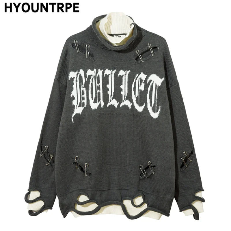 Men Knitted Sweater Harajuku Fake Two Pieces Loose Sweater Casual Ripped Holes Shoulder Long Sleeve Pullover Streetwear Sweaters Street King Limited