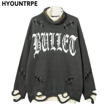 Men Knitted Sweater Harajuku Fake Two Pieces Loose Sweater Casual Ripped Holes Shoulder Long Sleeve Pullover Streetwear Sweaters Street King Limited