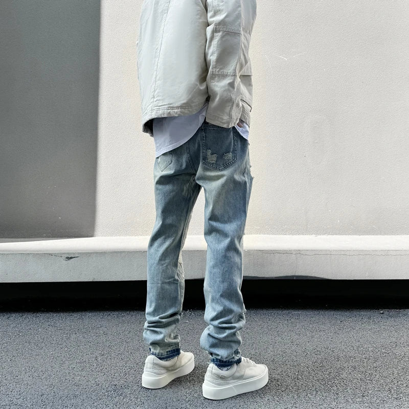 mens high street denim jean pants new casual blue slim ripped holes straight zipper jeans trousers hip hop streetwear joggers urban active pants