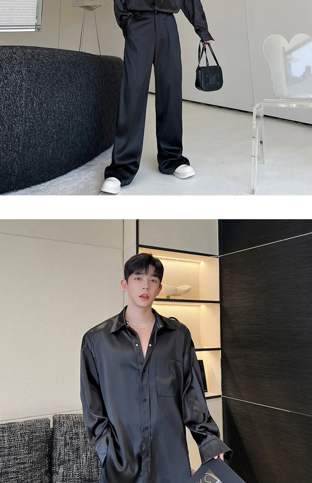 men silk style streetwear fashion loose casual long sleeve shirts pants 2 pieces sets male vintage suits blouses trousers unique default style 2739