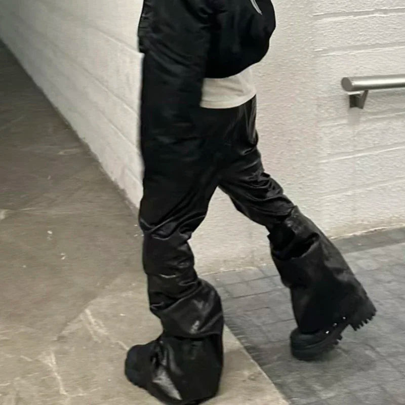high street wide leg glossy pu leather pants sashes boot cut men and wome straight baggy casual jeans oversized flared trousers unique jeans style 3636