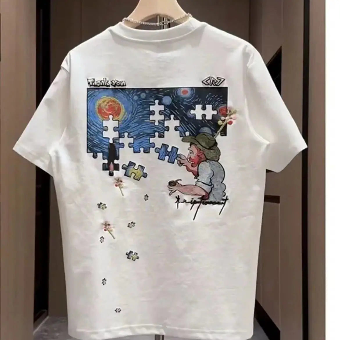 American hip-hop personality starry sky print round neck short sleeved men and women summer trend loose casual T-shirt top y2k Street King Limited