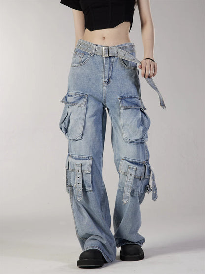 fashion loose streetwear cargo denim jeans unisex casual multi pocket straight jean pants with belt hip hop joggers baggy jeans unique joggers style 2694