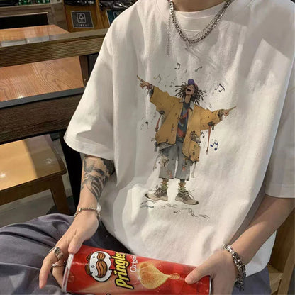 Summer new style handsome short-sleeved T-shirt for boys, national fashion Hong Kong style half-sleeved pure cotton loose tops Street King Limited