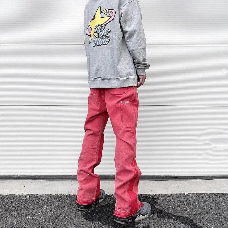high street spliced speckled ink micro flare pants for men and women patchwork baggy jeans ropa hombre casual denim trousers 2 unique jeans style 1123