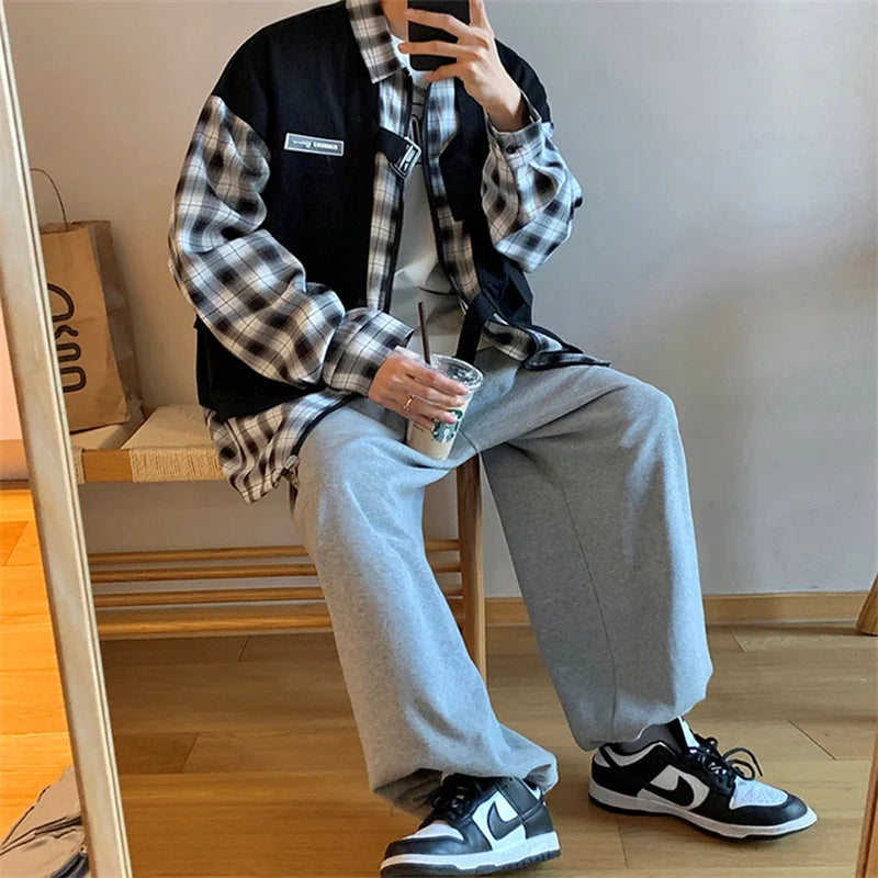 Streetwear New Fake Two Piece Zip Plaid Cargo Shirts Mens Japanese Streetwear Fas 2024 New Fake Two Piece Zip Plaid Cargo Shirts Mens Japanese Streetwear Fashion Social Shirt Autumn Long Sleeve Baggy Y2K Shirt Fashion Sweater Jacket With Graphic Design For Men