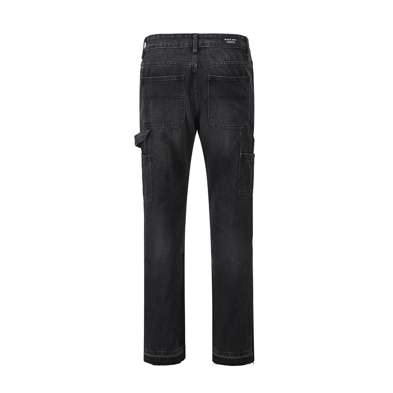 high street patchwork ripped black jeans pants for men straight retro casual sashes pockets denim trousers oversized loose jean unique jeans style 2824