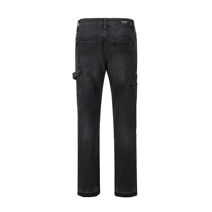 high street patchwork ripped black jeans pants for men straight retro casual sashes pockets denim trousers oversized loose jean unique jeans style 2824