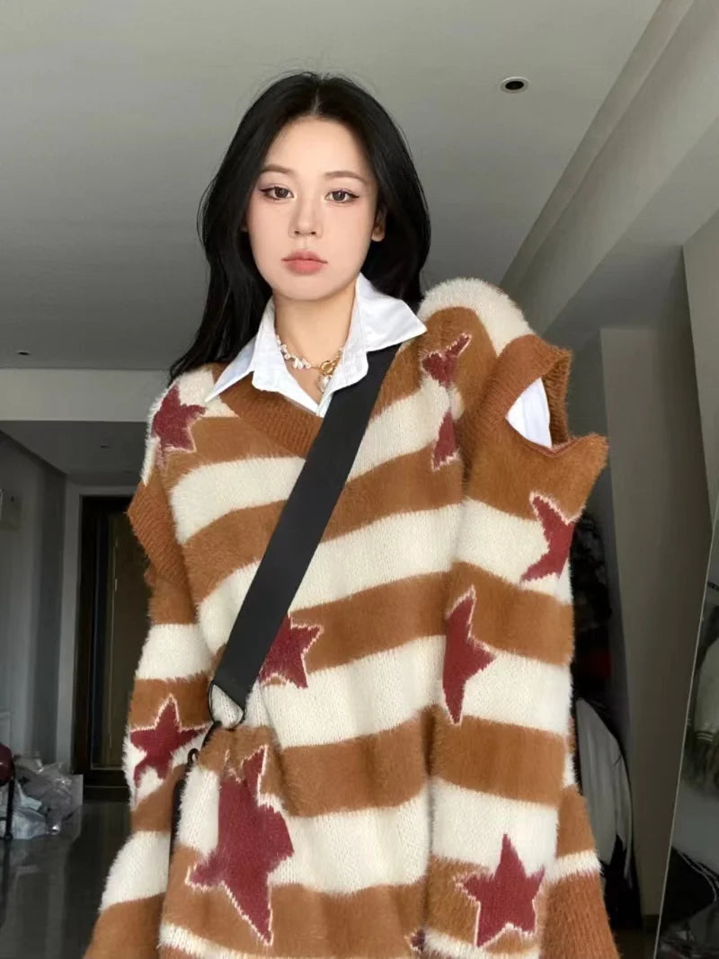 Punk Gothic Long Sweater Women Furry Knitted Sweaters Y2K Streetwear Loose Hollow Out Detachable Pullovers Harajuku Sexy Tops Street King Limited