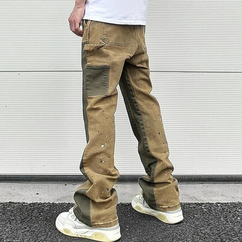 y2k spliced speckled ink patchwork baggy micro flare jeans pants for men streetwear pantalones hombre casual oversized cargos unique cargo style 3463