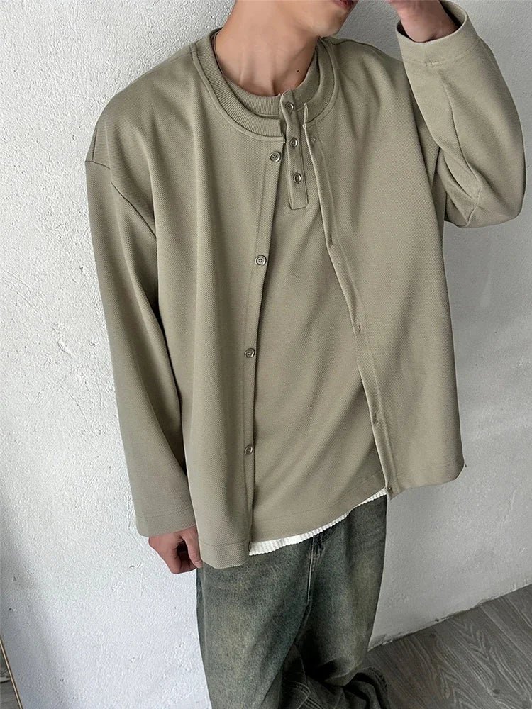 Streetwear New Casual Fake Two Piece Sweatshirts For Men Solid Color Henley Neck 2024 New Casual Fake Two Piece Sweatshirts For Men Solid Color Henley Neck Button Jackets Korean Fashion Loose Y2K Sudaderas Fashion Sweater Jacket With Graphic Design For Men
