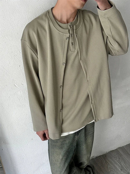 Streetwear New Casual Fake Two Piece Sweatshirts For Men Solid Color Henley Neck 2024 New Casual Fake Two Piece Sweatshirts For Men Solid Color Henley Neck Button Jackets Korean Fashion Loose Y2K Sudaderas Fashion Sweater Jacket With Graphic Design For Men