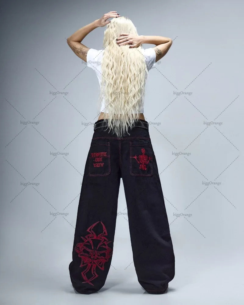 Y2K Retro American Personality Design Fashionable Loose Straight Jeans Men Street Hip-hop Harajuku All-match Floor Mopping Pants Street King Limited