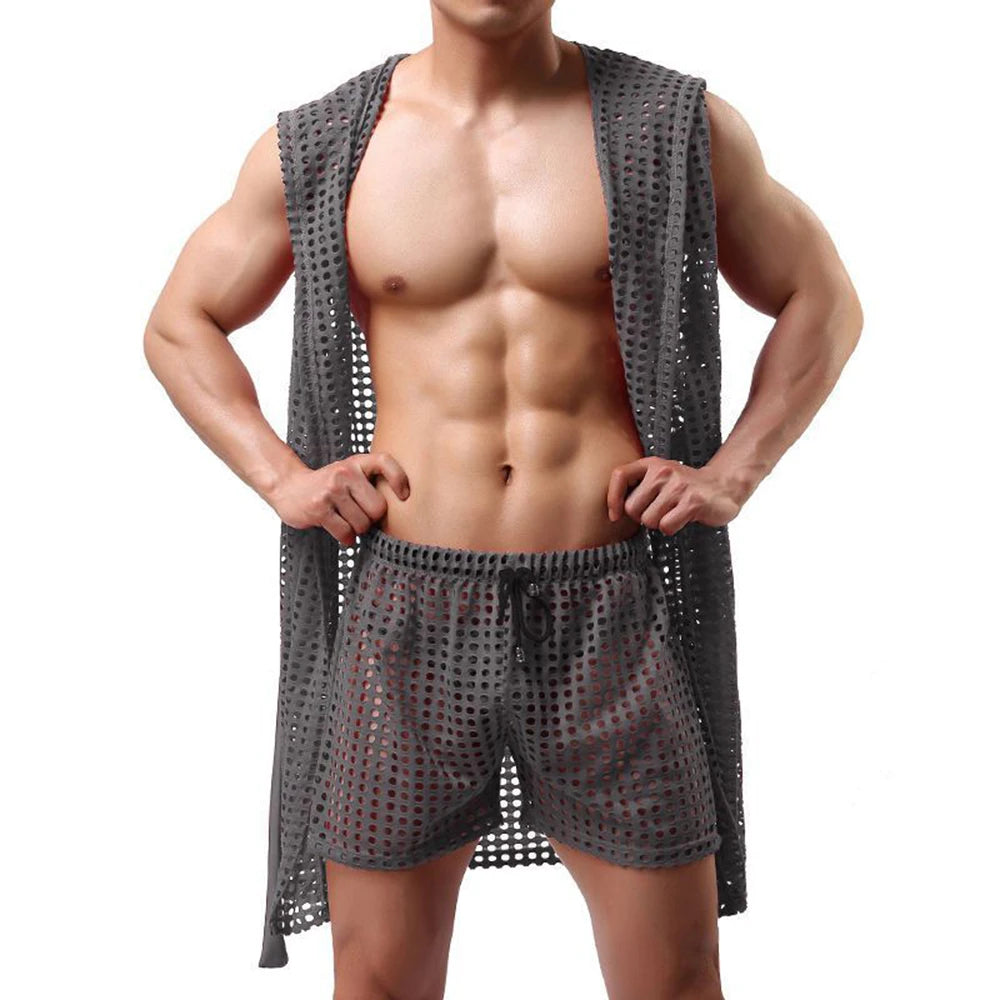 Men Robes Brand Male Sexy Bathrobe Sleepwear Sleeveless Bath Robe Sleep Lounge Badjas Cutout Cardigan Loungewear Mesh Menswear Street King Limited