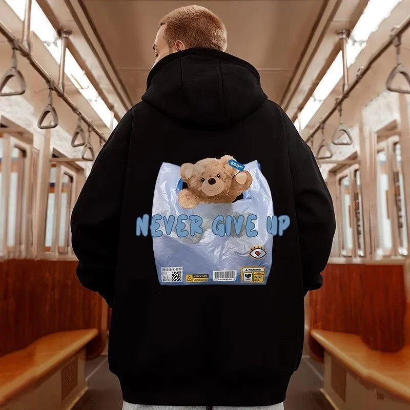 New Never Give Up Bear Printed Hoodies For Men Hip Hop Streetwear Pocket Pullover Sweatshirts Autumn Y2K Vintage Fleece Hoodie Street King Limited
