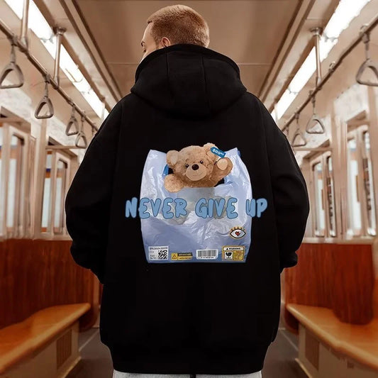 New Never Give Up Bear Printed Hoodies For Men Hip Hop Streetwear Pocket Pullover Sweatshirts Autumn Y2K Vintage Fleece Hoodie Street King Limited