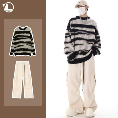 korean hip hop set men striped vintage knit sweater drawstring big pocket cargo pants 2 pcs set spring college casual suit 2024 unique cargo style 4330