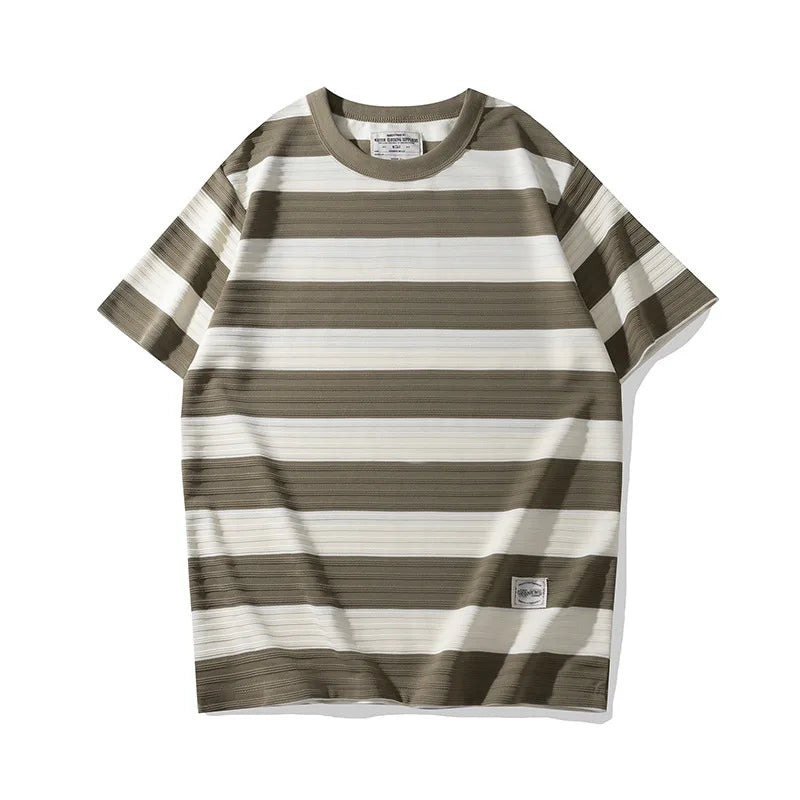 Men's Dark Wide Striped Short Sleeve Tees, Casual Tops, Round Neck, Thick, 100% Cotton, New, Summer Street King Limited