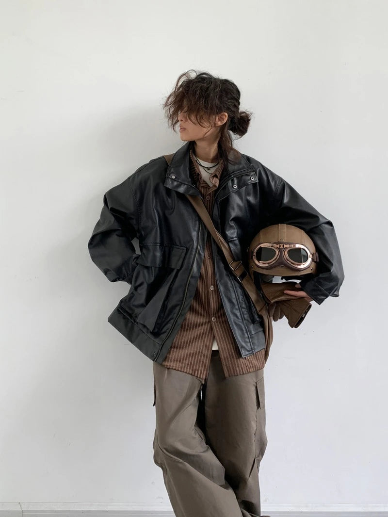 japanese spring pu leather jacket mens high street black profile tooling pilot jacket loose standing collar motorcycle outwear unique default style 2078