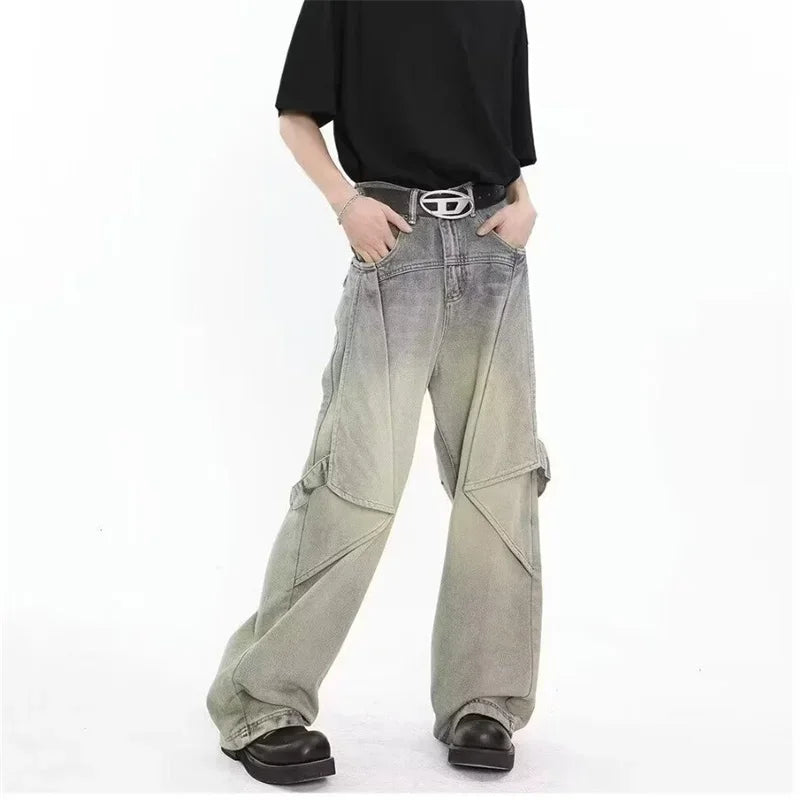 2024 new hip hop wide leg jeans for men washed distressed baggy denim trousers high street deconstruction cargo jean y2k pants multi-pocket cargos