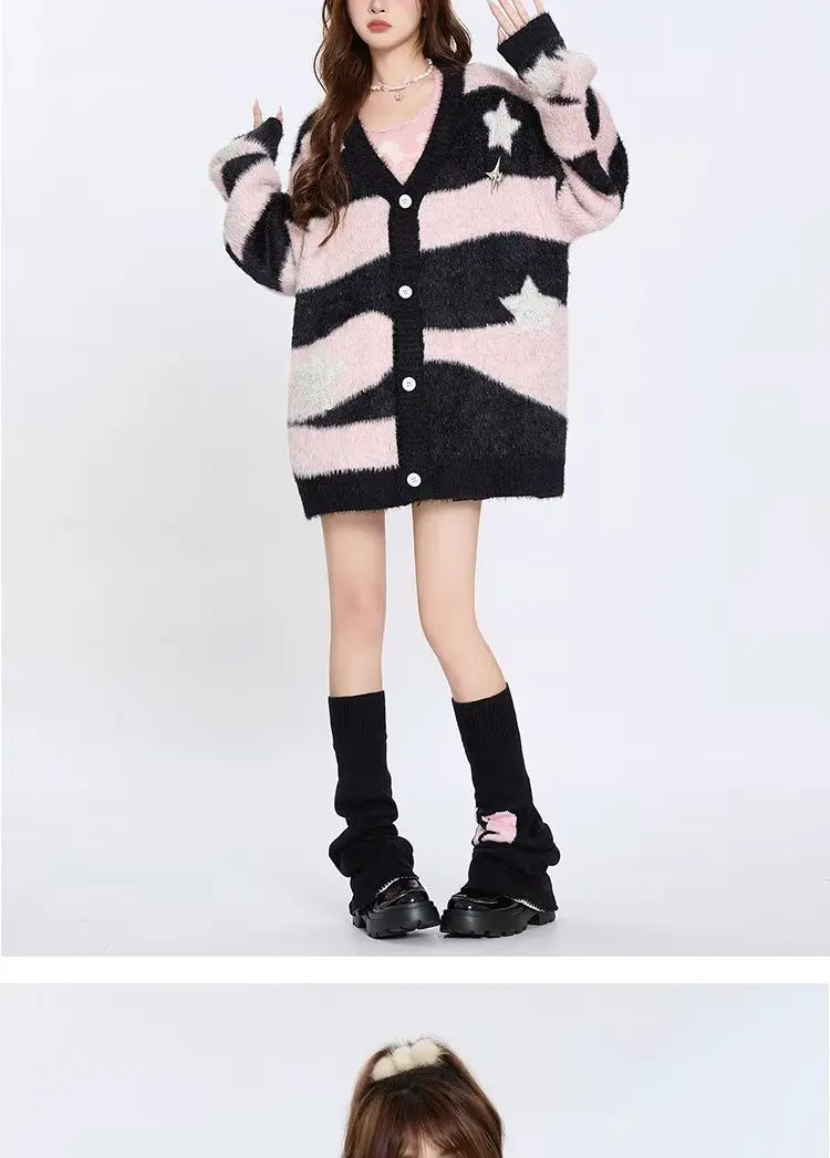 Knitted Cardigan Sweater Men Women Autumn Patchwork Knitted Jumpers Harajuku Loose Hip Hop Streetwear Y2K Star Pattern Jackets Street King Limited