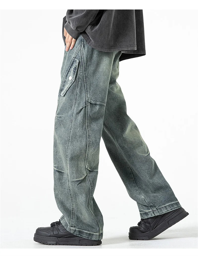 2025 new hip hop multi pockets straight jeans for men high street cargo denim pants spring y2k vintage distressed baggy jean unique cargo style 3361