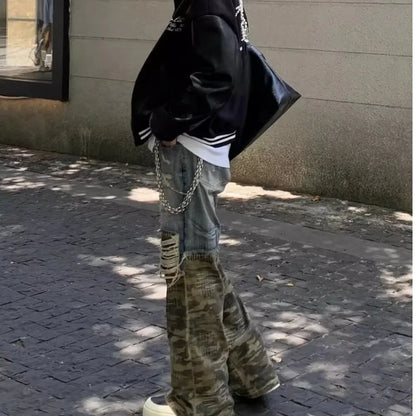 Trendy Camo Cowboy Cargo Pants Mens Spring Autumn Elasticity Fashion Harajuku Patchwork Straight Jeans New Washed Denim Trousers Street King Limited