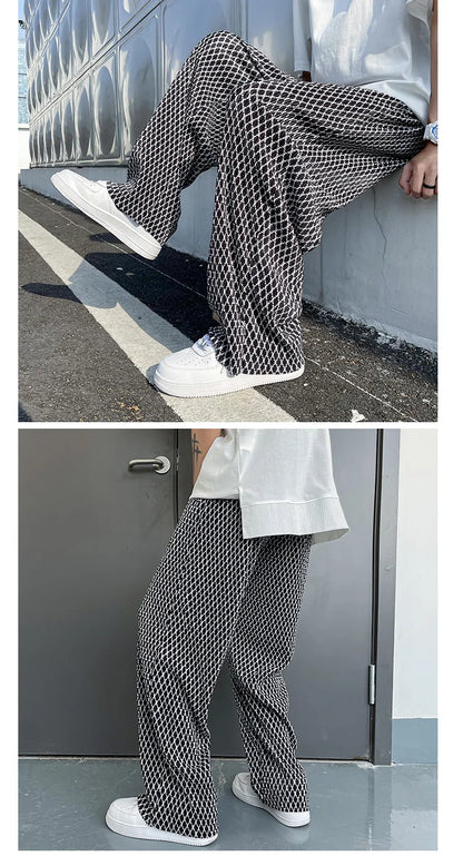 Summer Pleated Pants Men Fashion Casual Plaid Pants Men Streetwear Korean Loose Straight Ice Silk Pants Mens Plus Size Trousers Street King Limited