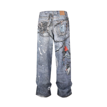 high street chain print frayed washed baggy jeans for men and women y2k casual loose denim trousers ropa hombre casual pants urban skinny jeans