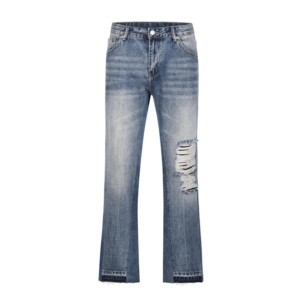 Contrast Color Hole Washed Blue Jeans for Men Streetwear Loose Ripped Flare Pants Frayed Retro Casual Oversized Denim Trousers Street King Limited