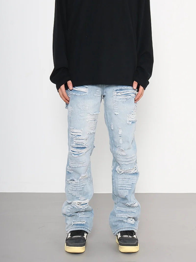 men distressed ripped destroied holes denim jean pants fashion zipper biker jeans streetwear flare pants joggers y2k men s jeans streetwear sweatpants
