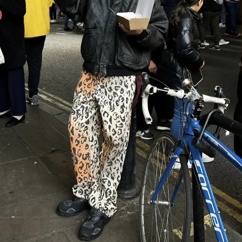 Vintage Leopard Patchwork Straight Baggy Jeans Pants Mens Streetwear Pockets Casual Unisex Denim Trousers Loose Cargo Pants Street King Limited