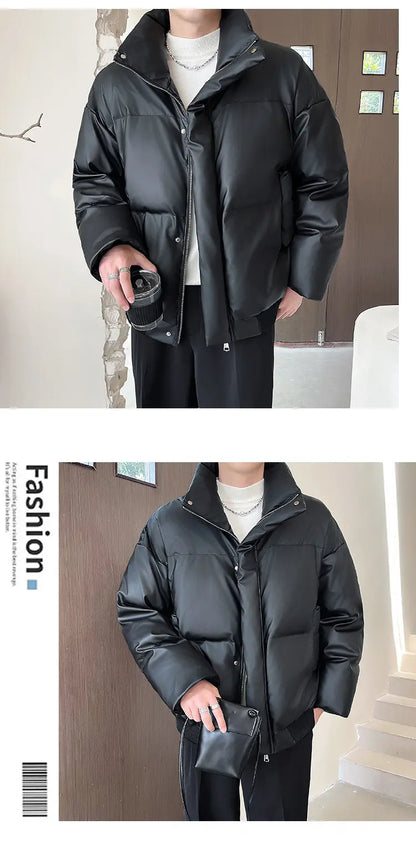 Winter Stand Collar Thicken Leather Short Jacket Men Fashion Loose Casual Warm Cotton-padded PU Leather Bomber Jacket Parka Coat Street King Limited