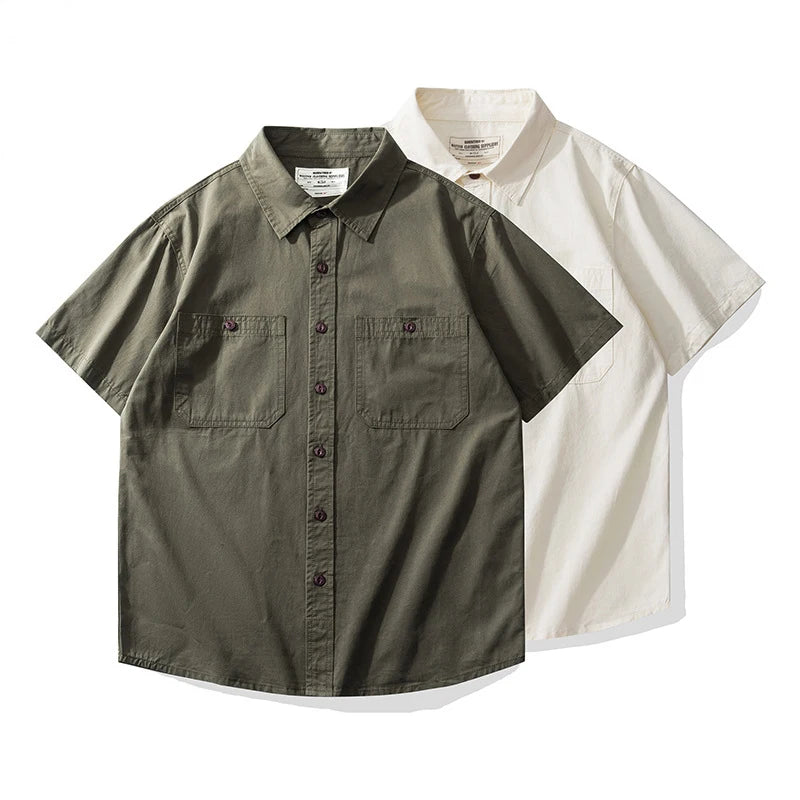 Men's Japanese Short Sleeve Cargo Shirt, Solid Color, Simple Fashion, Engineer Casual Shirt, 100% Cotton, New, Summer Street King Limited