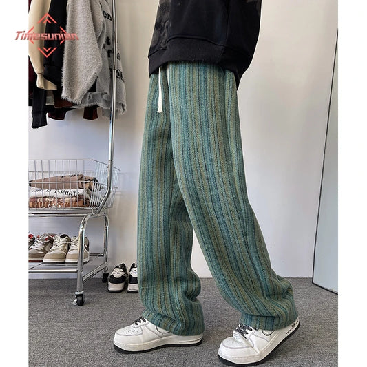 high quality stripe plaid mens trousers baggy straight fashion classic padded autumn winter casual pants male plus size m 8xl minimalist street pants
