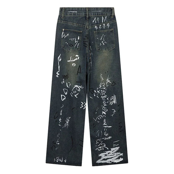 Men Blue Baggy Jeans Graffiti Print Straight Denim Trousers Harajuku Y2K Vintage High Waist Wide Leg Pants Streetwear Unisex Street King Limited