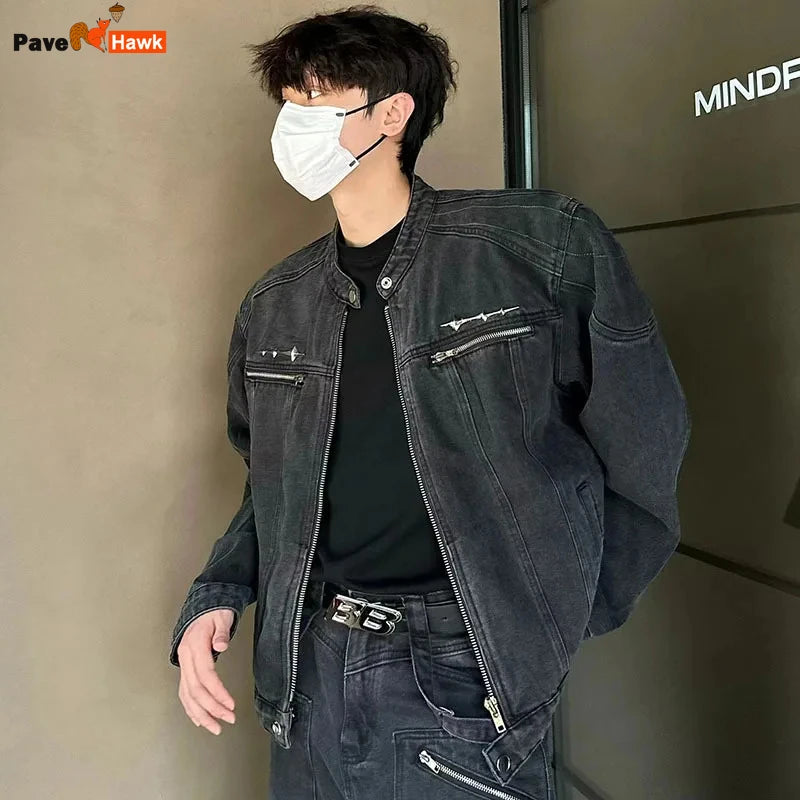 male denim jackets high street shoulder pad design patchwork solid men short coats american style loose short outwear zipper urban skinny jeans