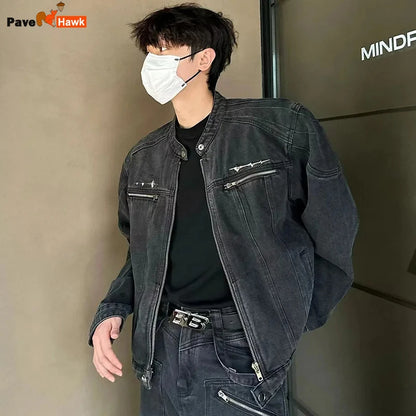 male denim jackets high street shoulder pad design patchwork solid men short coats american style loose short outwear zipper urban skinny jeans