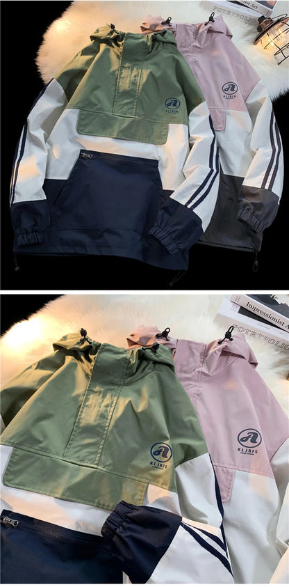 mens outerwear fashion print patchwork college style jackets zip up hooded jcket 2024 new plus size man women windbreaker unique default style 5883