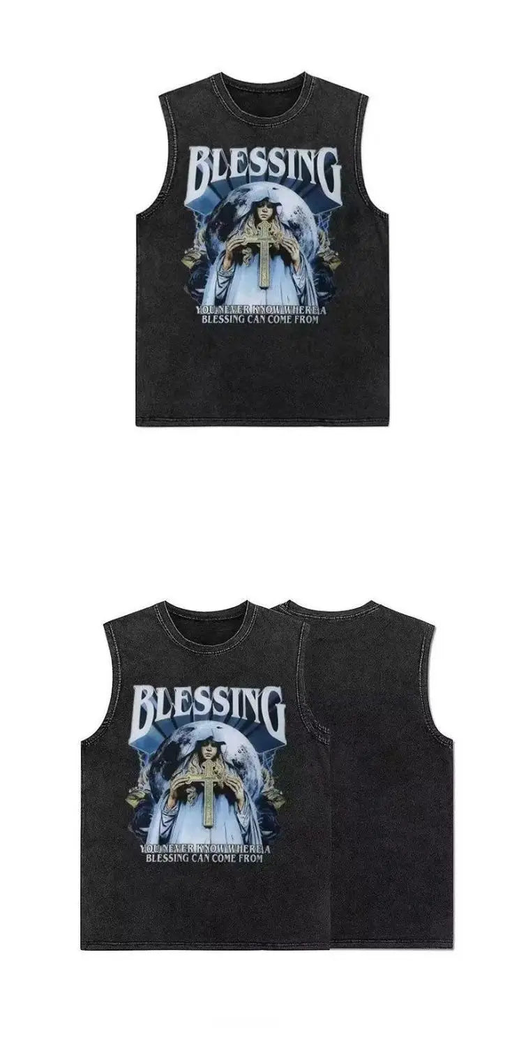 American pure cotton casual vest for outer wear hip-hop retro high street style trendy short-sleeved men's summer printed tops Street King Limited