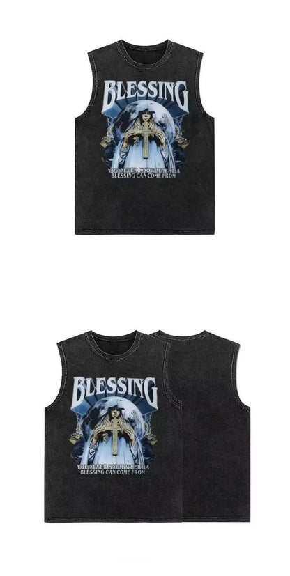 American pure cotton casual vest for outer wear hip-hop retro high street style trendy short-sleeved men's summer printed tops Street King Limited