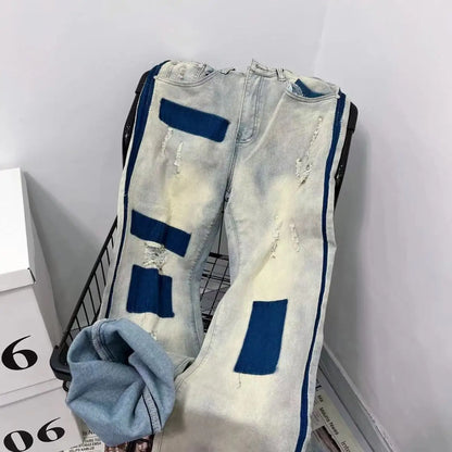 men and women trendy high street retro washed ripped color blocked jeans summer hip hop loose straight leg casual pants y2k unique jeans style 815