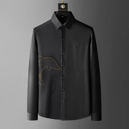New Men luxurious Diamond Rhinestones Embroidered Dolphin Fashion Cotton Casual Shirts Shirt high Pocket Long-sleeves 5XL #A672 Street King Limited