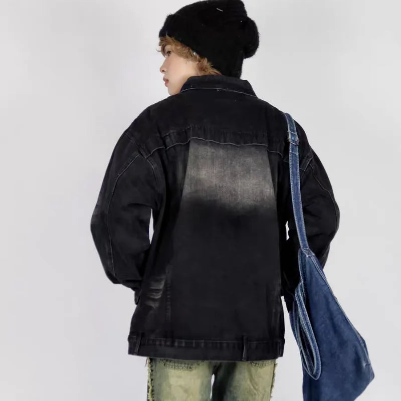 high street washed denim jacket mens 2024 spring trend oversize hip hop male coats color blocking motorcycle street outwear y2k unique jeans style 3617