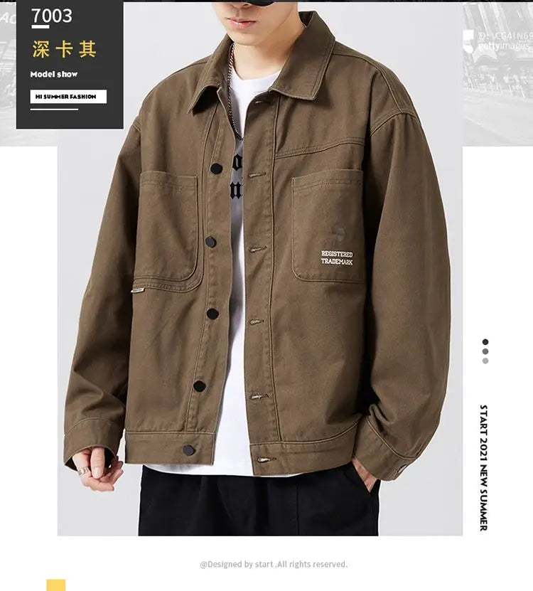 american retro workwear jacket for boys loose spring and autumn high street japanese style khaki casual trendy denim jacket tops unique jeans style 4893