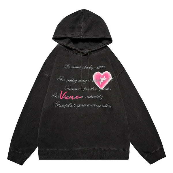 Hip Hop Men's Multi Letter Graffiti Hit Color Heart Graphic Print Hooded Sweatshirt Autumn Oversized Rib Sleeve Hoodies Unisex Street King Limited